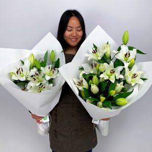 Two bouquets of White Oriental Lilies, one little and one large - Sydney flower delivery